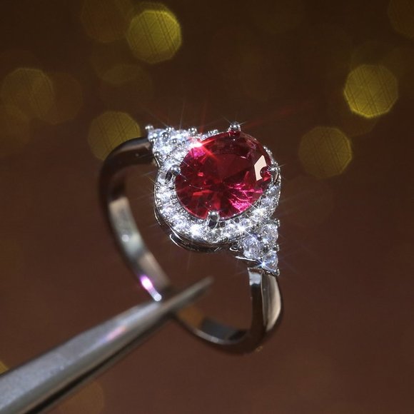 NEW Silver Oval Ruby Round Diamond Halo Ring - Picture 5 of 7